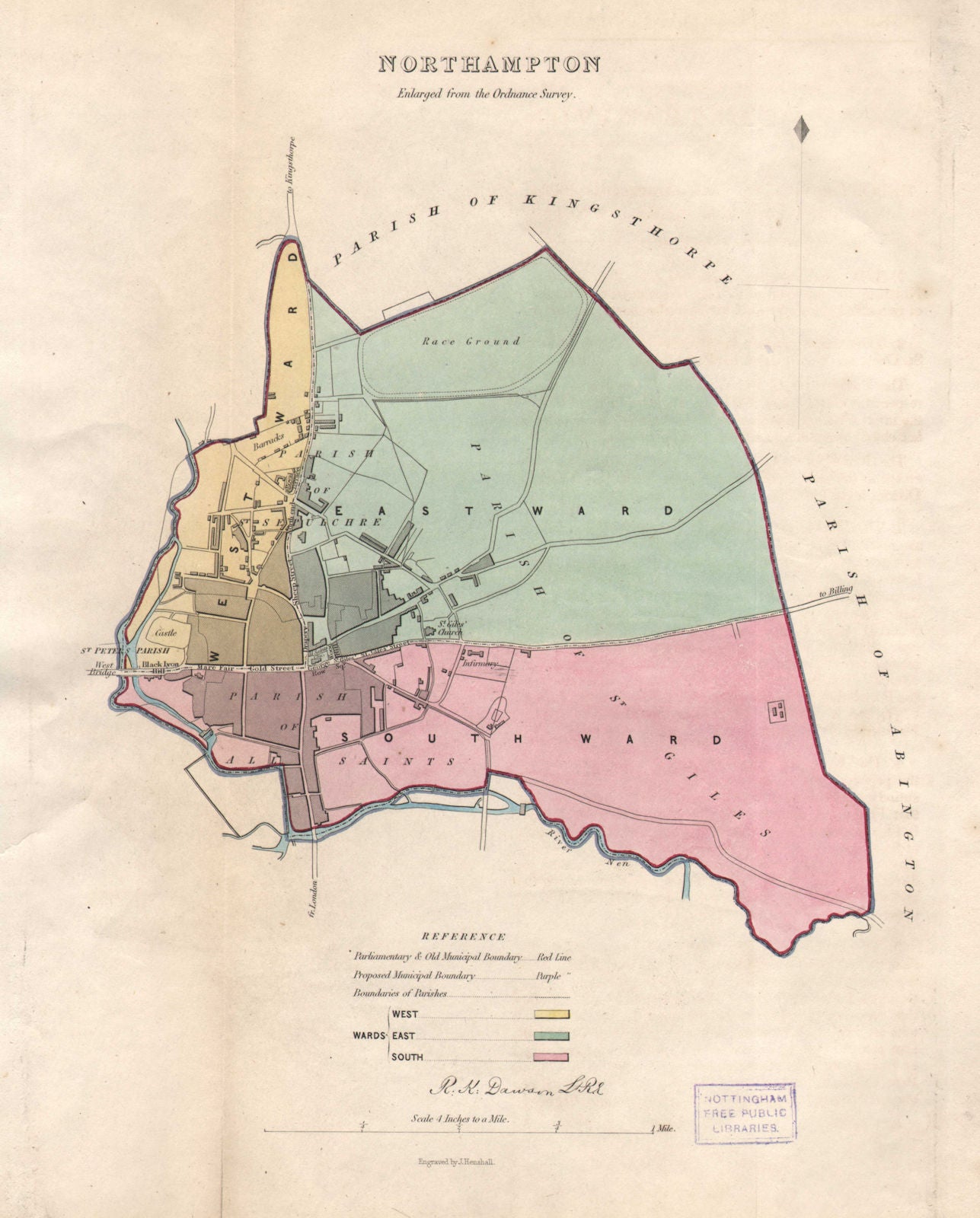 NORTHAMPTON borough/town plan & Wards. BOUNDARY REVIEW. DAWSON 1837 old map